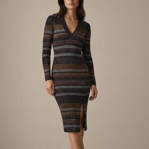Reiss Sassy Metallic-Stripe Knit V-neck Long Sleeve Bodycon Midi Dress, size S